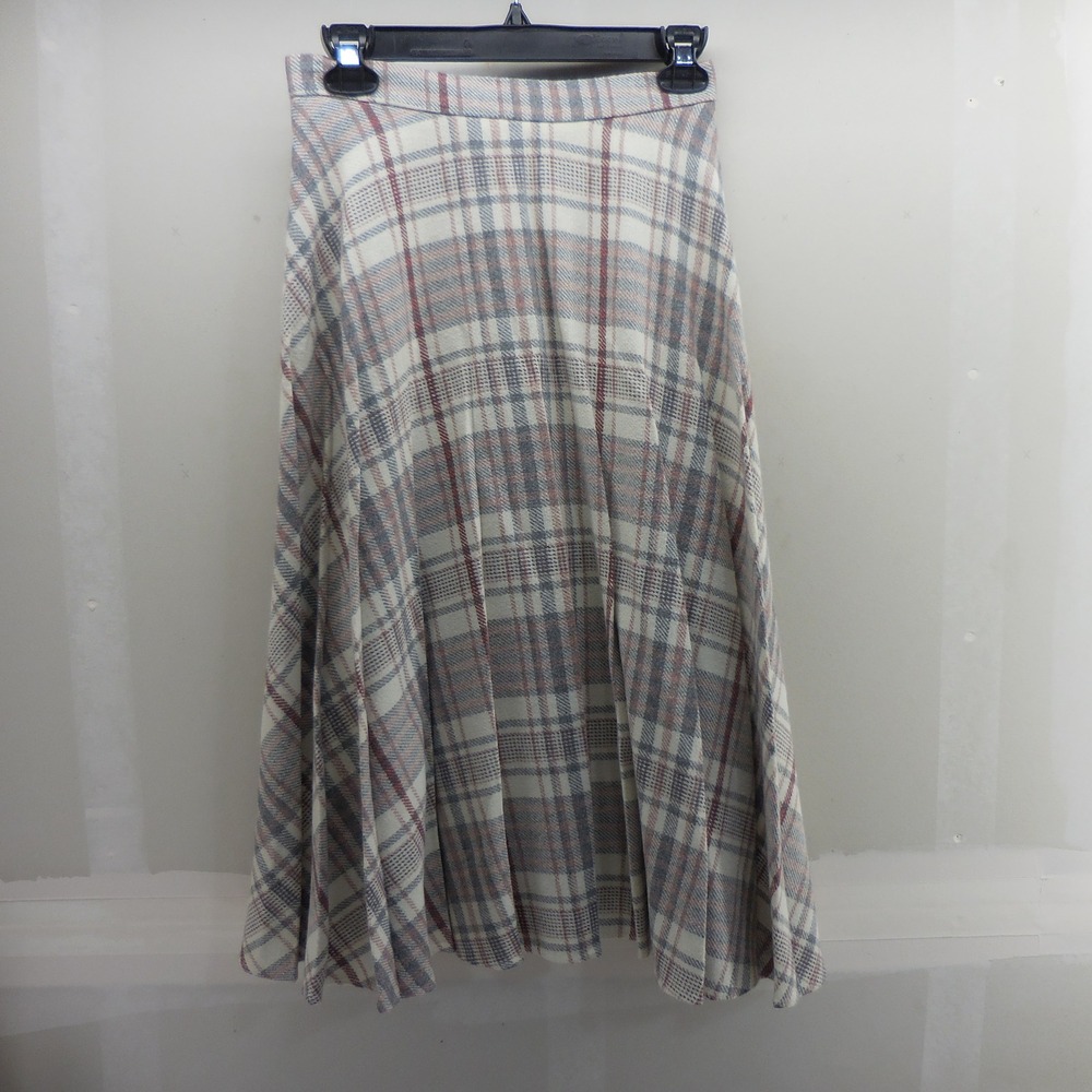 Vintage Calliope Plaid Midi Skirt Cream Grey Burgundy A-Line High Waist 26x28